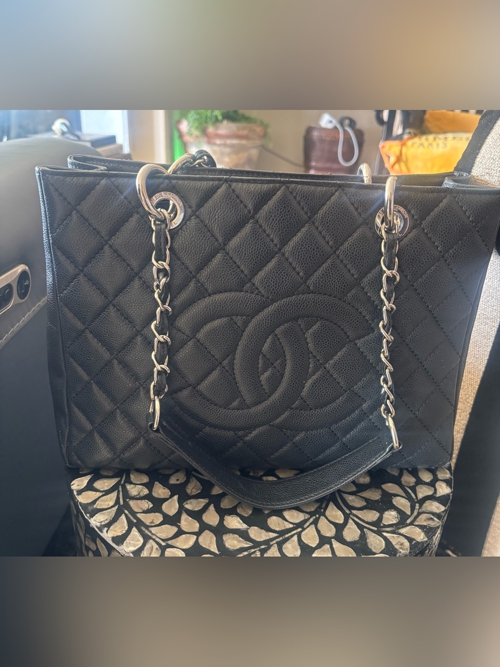 Black Quilted Caviar Shoulder Bag with Silver Tone Hardware
